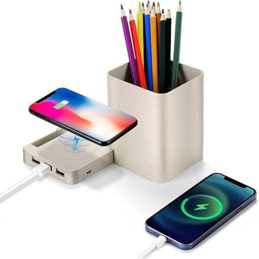 5 in 1 Multi Function Desk Organizer With Wireless Qi Charger 3 Port USB Charging Pad