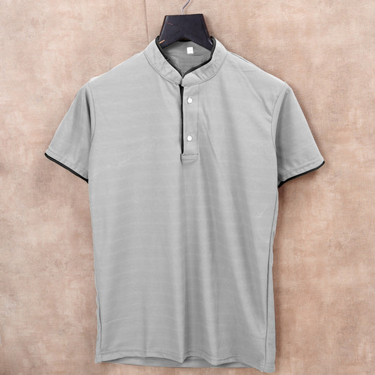 Grey Men's Solid Mandarin Collar Slim Fit Half Sleeve T-Shirt